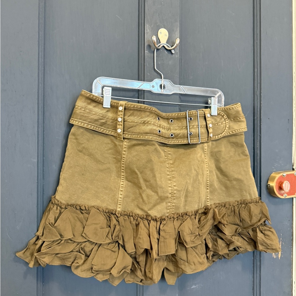 Anthropologie Olive Green Pilcro Belted Ruffled Skirt